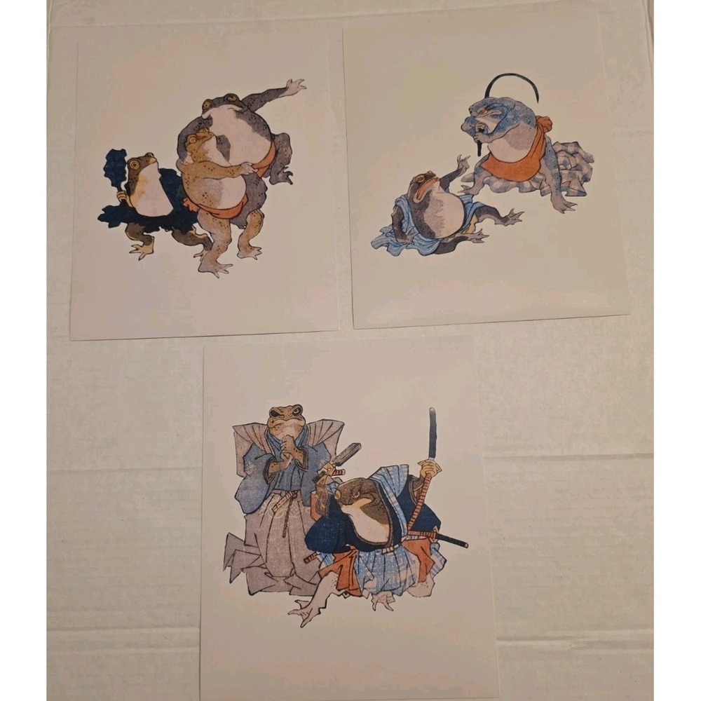 Vintage Japanese Frog Art Prints Set of 3 Samurai Ukiyo-e Woodblock Style